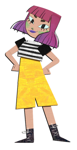 Ilustração desenhada de uma menina com aproximadamente 8 ou 9 anos, cabelo rosa com franjas, blusa listrada e bermuda amarela