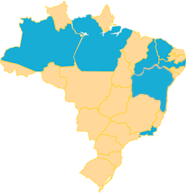 Mapa do Brasil amarelo com os estados do Amazonas, Pará, Piauí, Ceará, Pernambuco, Bahia e Rio de Janeiro destacados em azul