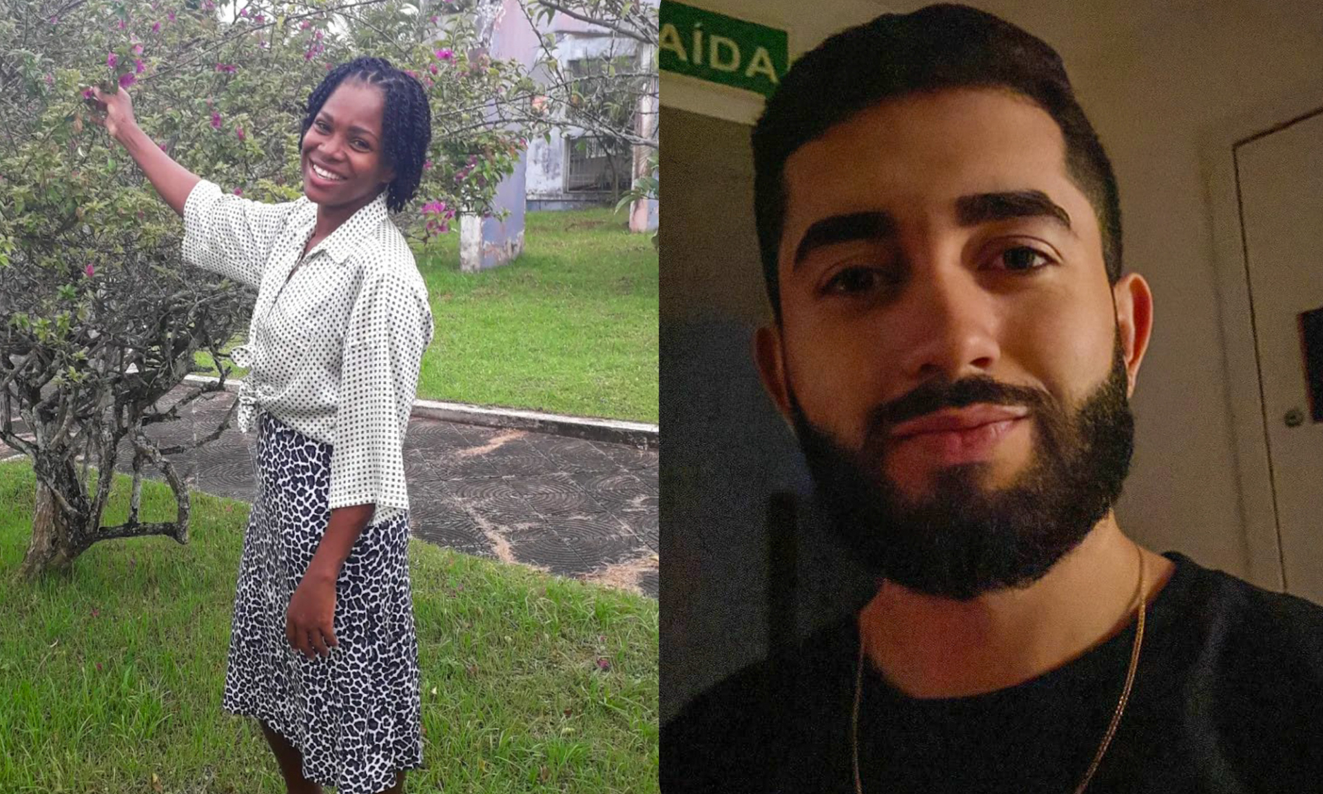 Montagem com duas fotografias lado a lado. À esquerda, uma mulher negra sorri enquanto toca levemente a flor de um arbusto com a mão direita. Ela veste uma camisa branca de bolinhas pretas e uma saia estampada. Está em uma área gramada, com árvores e construções ao fundo. À direita, um homem de barba cheia e cabelo curto também sorri suavemente. Ele está em ambiente interno, com parede bege e uma placa de “SAÍDA” verde visível acima de sua cabeça. Ambos parecem tranquilos e satisfeitos.