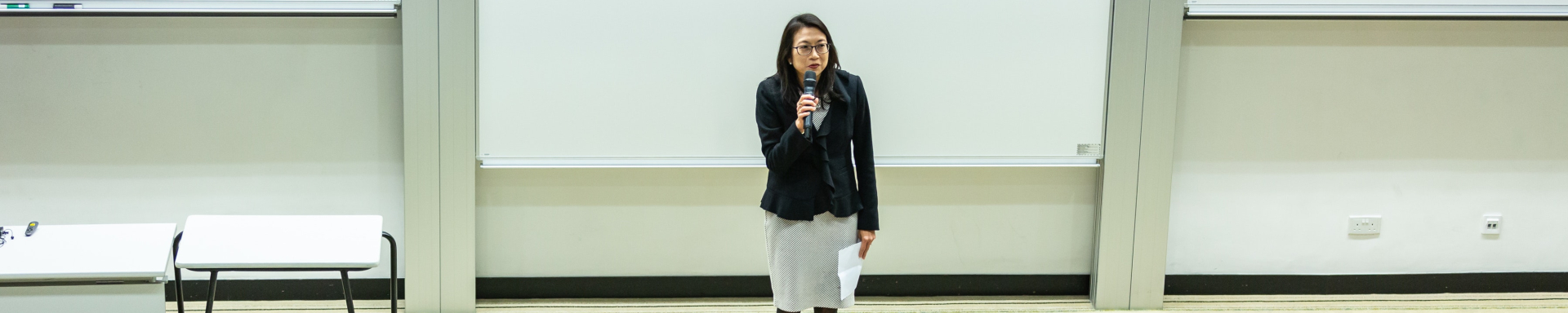 A imagem mostra um auditório e no placo há uma mulher de saia e blazer falando ao microfone para diversas pessoas que estão diante dela nas cadeiras do auditório