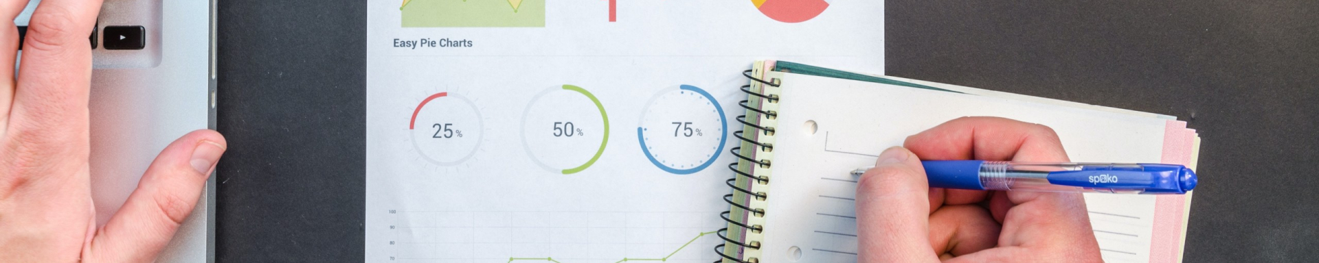 Uma pessoa mexendo em um notebook, escrevendo em um caderno e analisando um gráficos impressos em um papel