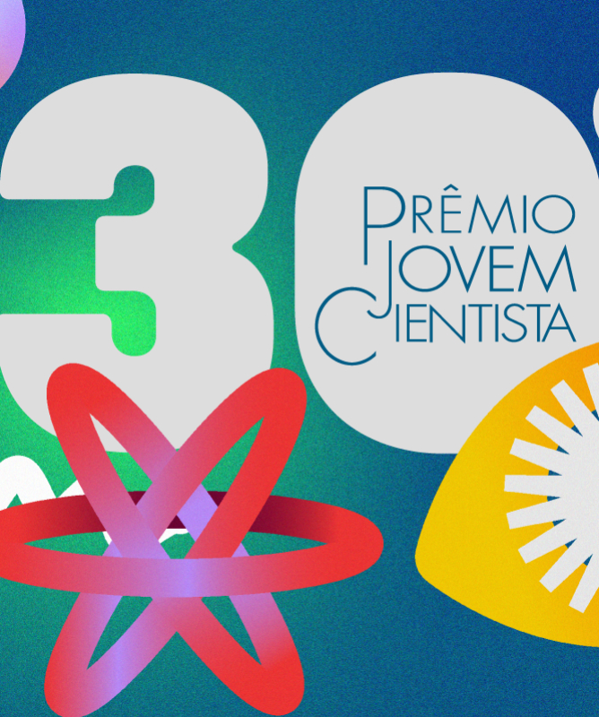 Imagem abstrata, colorida, com o texto "30º Prêmio Jovem Cientista" nela.