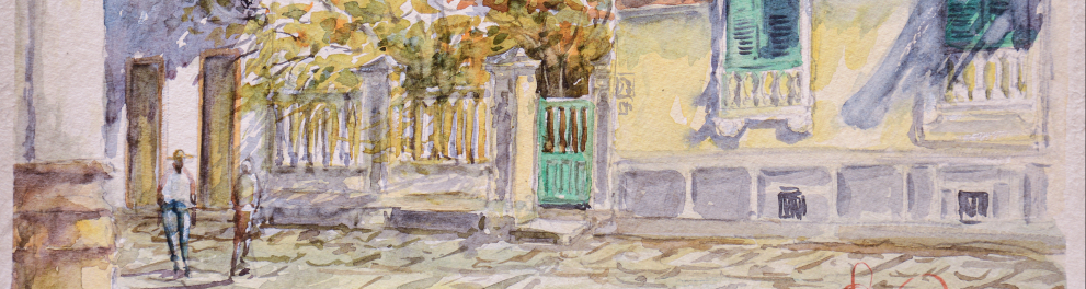 Pintura de uma rua, casas e duas pessoas passando.