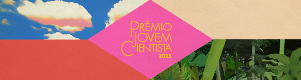 Imagem colorida em referência à bandeira brasileira, escrito Prêmio Jovem Cientista 2025 no centro